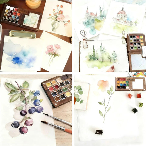 Mini Watercolor Travel Kit With Wooden Palette And Copper Clip Includes 24 Watercolors 6 Brushes And 2 Sketchbooks displayed with watercolor paintings and tools.