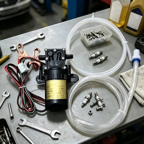 Powerful 12V Self-Priming Oil Transfer Pump For Quick Car And Truck Fluid Extraction At Home Or Shop With Heavy Duty Build with hoses and clamps.