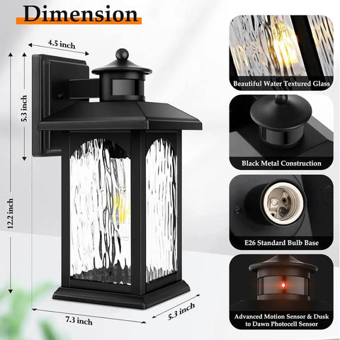 Two Pack Motion Sensor Outdoor Wall Lanterns With Dusk To Dawn, Black Exterior Sconce Lights showcasing dimensions and features