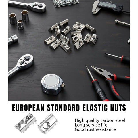 100 Pack M8 T Slot Spring Nuts Built Tough for 40 Series Aluminum Extrusion Carbon Steel Half Round Roll In Nut European Standard displayed on black table