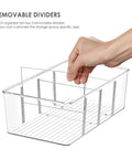 Hand adjusting removable dividers in 8 Pack Clear Food Storage Organizer Bins For Pantry Kitchen Fridge And Cabinets With 4 Compartment Holders