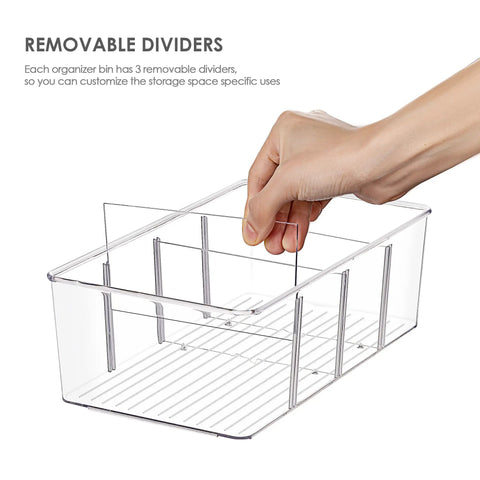 Hand adjusting removable dividers in 8 Pack Clear Food Storage Organizer Bins For Pantry Kitchen Fridge And Cabinets With 4 Compartment Holders