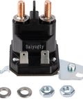 Saiyugty starter solenoid relay for mowers; black housing, copper terminals, mounting bracket, 2 washers, 2 nuts.