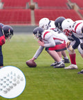 Football players in helmets ready to play, inset image of 24 Pack Must Have Facemask Hardware Kit For Helmets With 12mm And 8mm Screws
