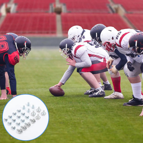 Football players in helmets ready to play, inset image of 24 Pack Must Have Facemask Hardware Kit For Helmets With 12mm And 8mm Screws