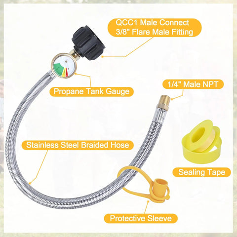 15 Inch RV Propane Hose With Gauge Stainless Steel Braided Camper Tank Line Pigtail For Camper Regulator shown with parts labeled