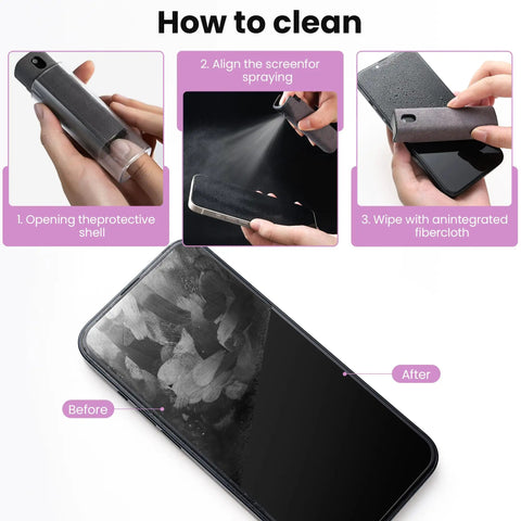 Tutorial for using 2In1 Screen Cleaning Spray And Wipe Kit For Phones Tablets Laptops And Car Screens Portable 0 3 Oz Mist Cleaner Purple Lipstick Sized Microfiber Cloth showing cleaning process and results.