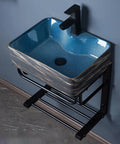 Wall-Mounted Ceramic Bathroom Sink - Rectangular U-Shape Vessel Sink with Faucet, Pedestal Metal Legs and Vintage Design, for Home,B&B and Club, showing compact design with blue glaze.