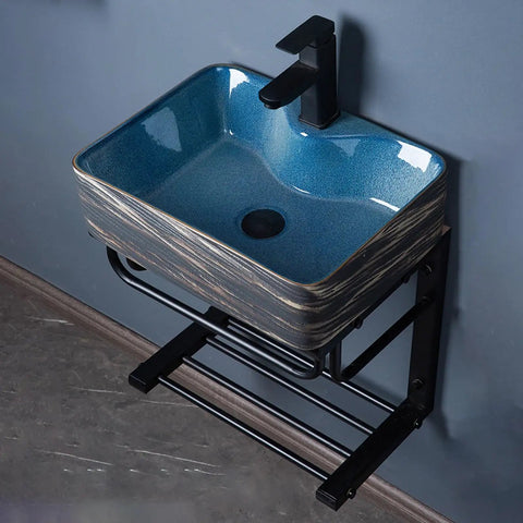 Wall-Mounted Ceramic Bathroom Sink - Rectangular U-Shape Vessel Sink with Faucet, Pedestal Metal Legs and Vintage Design, for Home,B&B and Club, showing compact design with blue glaze.