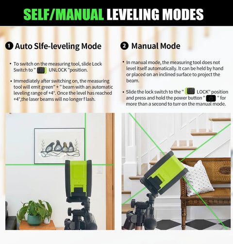 Pro Grade Green Cross Line Laser Level With Tripod, Self Leveling 100 Ft Range, 360 Degree Swivel Base For Construction And Leveling Projects, Batteries And Carry Bag Included. Self/manual leveling modes shown indoors.