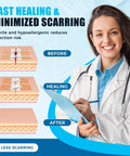 Emergency wound closure kit 2-pack ad with doctor on right and before/healing/after skin diagrams on left