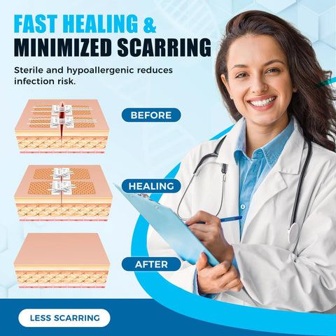 Emergency wound closure kit 2-pack ad with doctor on right and before/healing/after skin diagrams on left