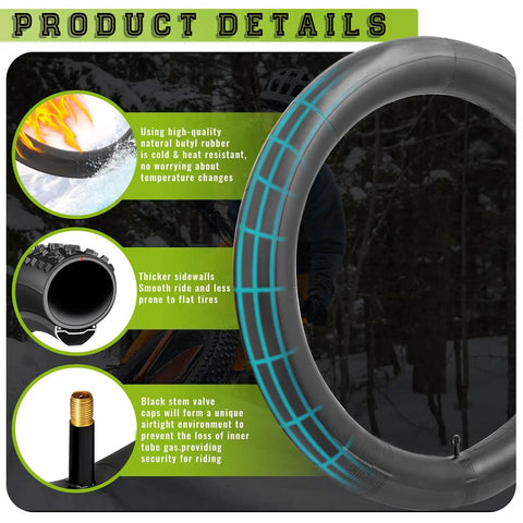 20x3.0 Fat Bike Inner Tubes 2 Pack With 32mm Schrader Valve Premium Butyl Rubber Puncture Resistant Replacement Tubes For Electric Fat Tires Includes Repair Kit showing product details and features