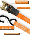 Detail of Trucker Grade Ratchet Tie Down Straps 8 Pack One Inch By 16 Feet with smooth tension control and S-hook.
