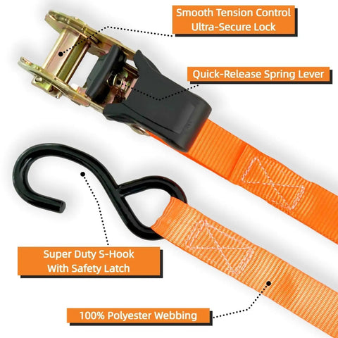 Detail of Trucker Grade Ratchet Tie Down Straps 8 Pack One Inch By 16 Feet with smooth tension control and S-hook.