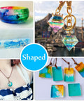 Epoxy resin pigment set for jewelry: rainbow swirl bracelet, diamond charms, turquoise pendants, whale-embedded bar.