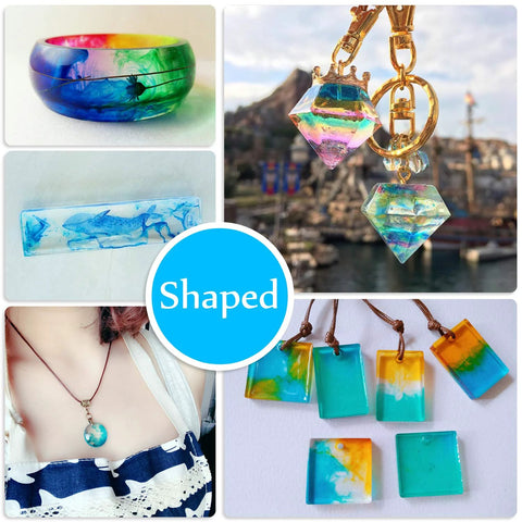 Epoxy resin pigment set for jewelry: rainbow swirl bracelet, diamond charms, turquoise pendants, whale-embedded bar.