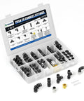 Push To Connect Fittings Kit 1/4 Inch 3/8 Inch 1/2 Inch Set for Nylon and PU Tubes in open box with 66 pieces