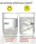 Comparison of PFY and PP fibers in water; PFY sinks, PP floats, demonstrating density and sun-proof qualities.