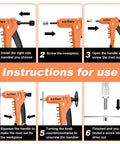 Instructions for using One-Handed 9.5 Inch Rivet Nut Tool Kit With 8 Mandrels And 80 Nuts, step-by-step process.