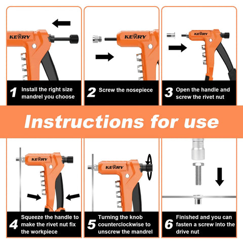 Instructions for using One-Handed 9.5 Inch Rivet Nut Tool Kit With 8 Mandrels And 80 Nuts, step-by-step process.