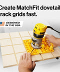 Hands using Grid Router Guide Kit for Dovetail Track Systems, Pro-Grade Woodworking Tools with Self-Indexing Design on wooden panel
