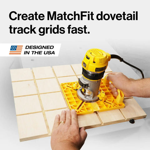 Hands using Grid Router Guide Kit for Dovetail Track Systems, Pro-Grade Woodworking Tools with Self-Indexing Design on wooden panel