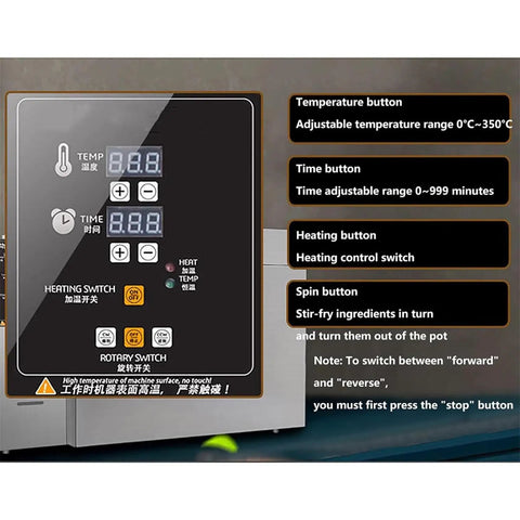 Control panel of Hardcore Heavy Duty Electric Coffee Bean Roaster With Precise Timer And Adjustable Heat Dial showcasing buttons and displays.