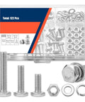 DIY Hardware Fastener Kit With Hex Head Bolts Nuts Flat Washers And Lock Washers M5 Bolts Set 122 Pieces displayed in box