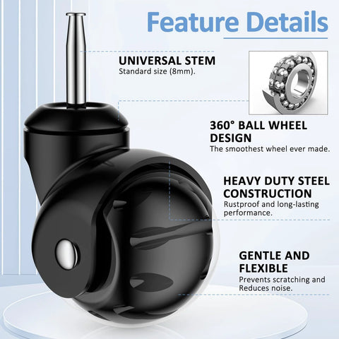 Close-up of black 2-inch ball-stem caster wheel with 360° swivel for furniture.