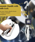 Kickass Heavy Duty Air Operated Oil Transfer Pump With Digital LCD Flow Meter Motor Fluid Dispenser Controller Fast Fill Nozzle And Rigid Hose For Shop Use, ergonomic handle showing handle lock.