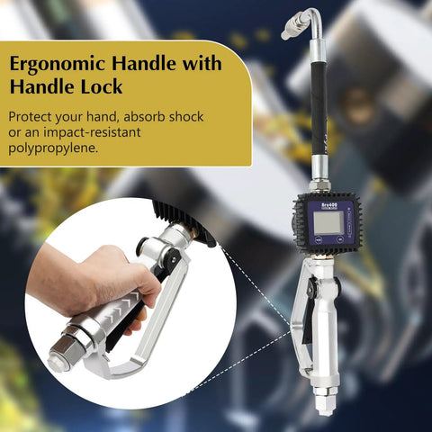 Kickass Heavy Duty Air Operated Oil Transfer Pump With Digital LCD Flow Meter Motor Fluid Dispenser Controller Fast Fill Nozzle And Rigid Hose For Shop Use, ergonomic handle showing handle lock.