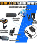 12V AC To DC Power Adapter with compatible devices like car fan, recorder, shaver, and Bluetooth transmitter.