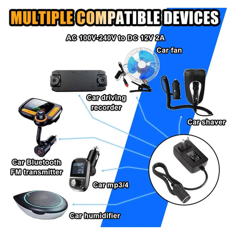 12V AC To DC Power Adapter with compatible devices like car fan, recorder, shaver, and Bluetooth transmitter.