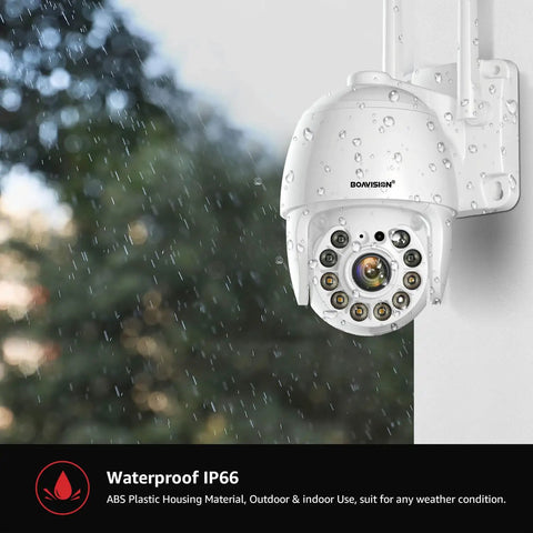 Outdoor 2K Security Camera Wireless WiFi IP System With 360 Degree View Motion Detection Auto Tracking shown under rain