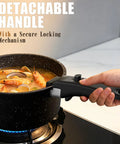 21-Piece Detachable-Handle Nonstick Cookware Set With Granite Coating For Healthy Cooking, securing handle on pot