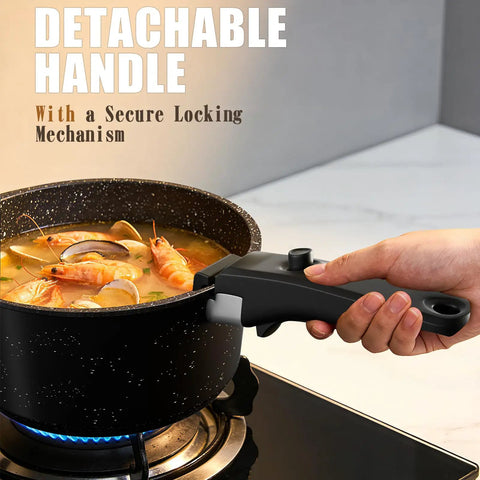 21-Piece Detachable-Handle Nonstick Cookware Set With Granite Coating For Healthy Cooking, securing handle on pot