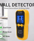 Jiawu Stud Finder Wall Scanner, 5 in 1 Stud Finder Tool with HD LCD Display, handheld yellow wall detector on a wall.