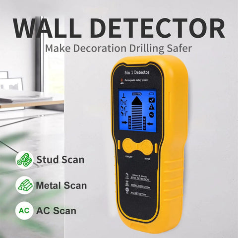 AUNMAS 5 in 1 Stud Finder Wall Scanner with LCD Display, handheld detector for walls and metal, lightweight design.