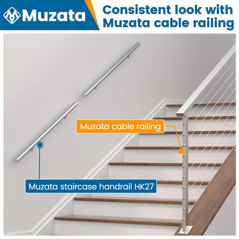 Heavy Duty Stainless Steel Pipe Handrail Five Foot Long Two Inch Outside Diameter with cable railing on modern stairs.