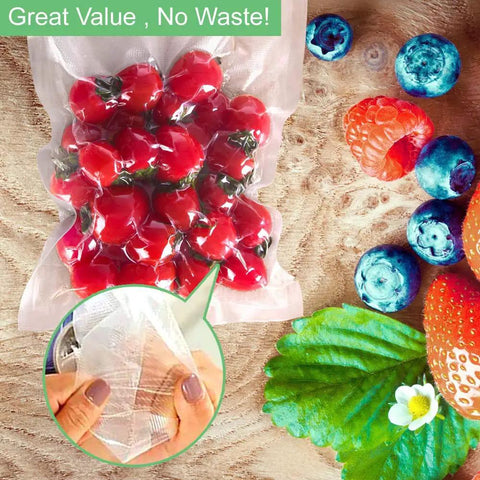 Precut 300 Count Vacuum Sealer Bags 10x13 Inch Plus Quart Size BPA Free for Clamp Style Machines with tomatoes inside