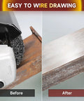 Before and after wood surface conditioning using 40 Grit Burnishing Wheel For Wood and Metal Surface Conditioning.