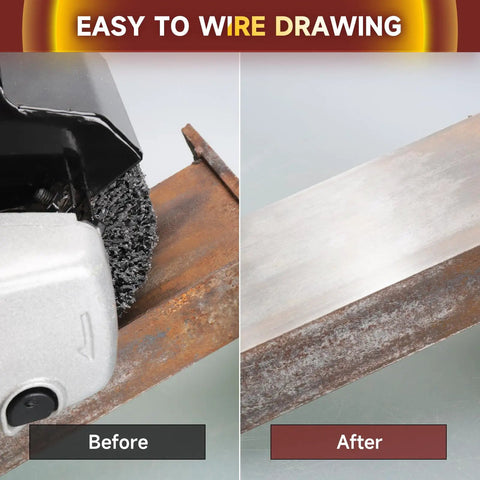 Before and after wood surface conditioning using 40 Grit Burnishing Wheel For Wood and Metal Surface Conditioning.
