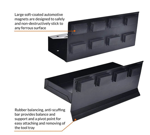 Magnetic Shelf Tool Box Tray Set 4 Piece Heavy Duty Steel Organizer showing large automotive magnets and rubber balancing bar