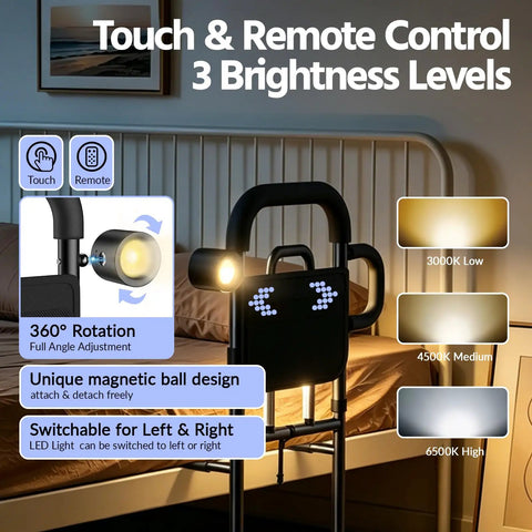 Senior Bed Rail With Remote Light And Height Adjust, display showing 3 brightness levels with 360° rotation near bedside