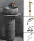 Heavy Duty Ceramic Vessel Sink And Pedestal Basin Combo Handcrafted With Faucet Drain Cutouts For Indoor Outdoor gray textured finish with matching faucet