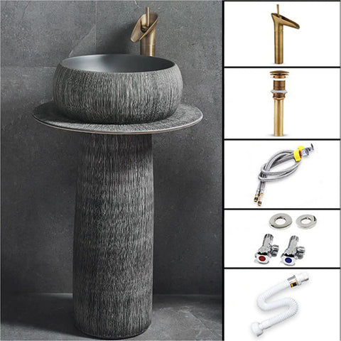 Heavy Duty Ceramic Vessel Sink And Pedestal Basin Combo Handcrafted With Faucet Drain Cutouts For Indoor Outdoor gray textured finish with matching faucet
