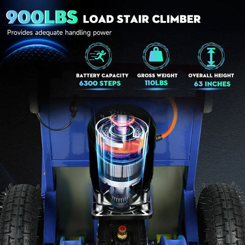 Rock Solid Electric Stair Climbing Dolly With 1250 Watt Motor And 900 Pound Capacity Folding Hand Truck showing internal components and specifications.