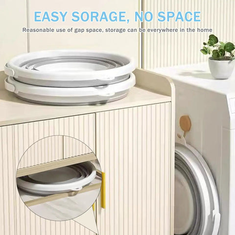 Two Pack Collapsible Buckets 2.6 Gallon Capacity stored inside cabinet showcasing easy storage capability.
