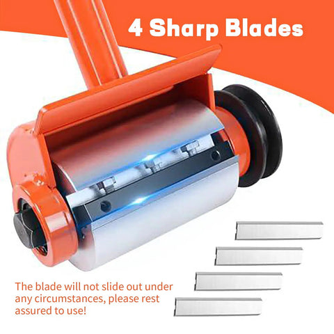 Close-up of log peeler debarker attachment for chainsaws with 4 sharp blades, easy firewood prep tool, wide compatibility shown